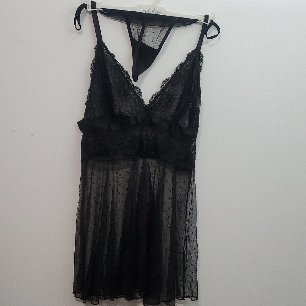Elegant Black Lace Chemise with Sheer Polka Dot Design